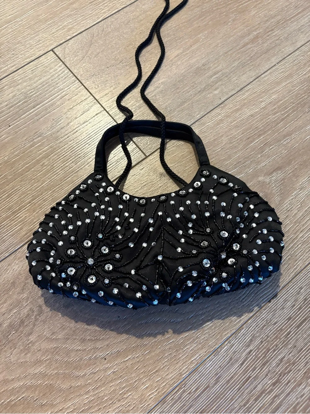 Valerie Stevens Black Beaded Evening Clutch with Crystal Accents